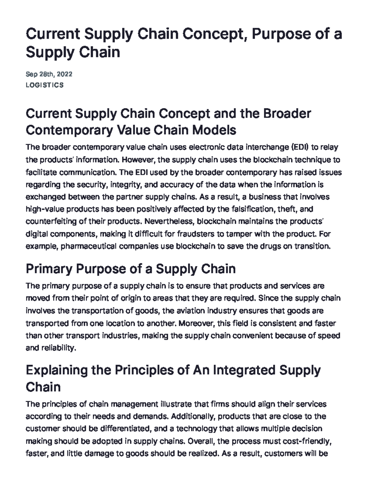 Current Supply Chain Concept, Purpose of a Supply Chain Essay Example ...