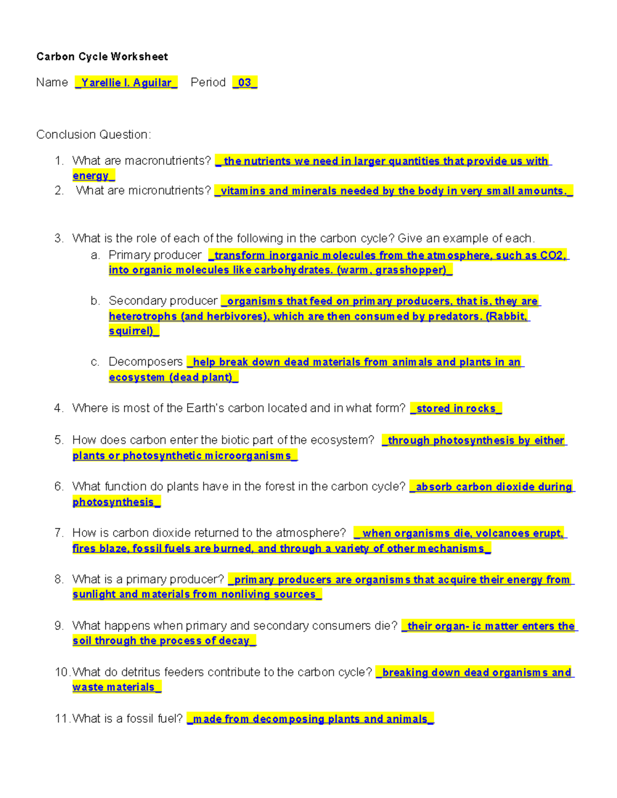 Carbon Cycle Worksheet (online version) - Carbon Cycle Worksheet Name ...