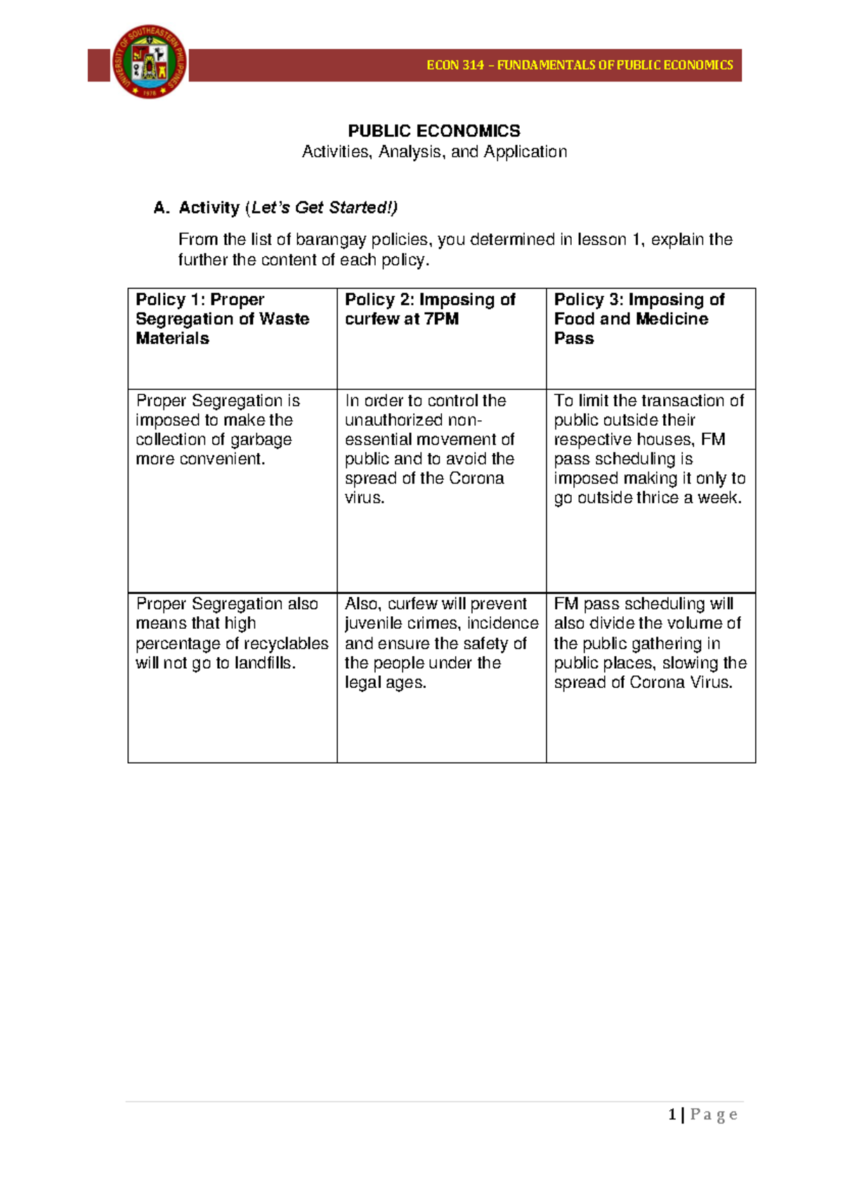 Efficiency and Equity Coursework - ECON 314 – FUNDAMENTALS OF PUBLIC ...