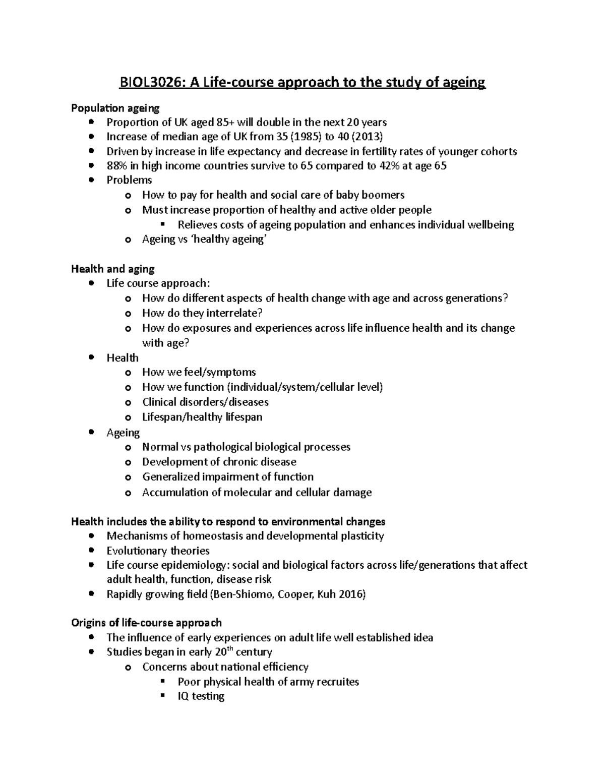 Life course approach to ageing BIOL3026 A Lifecourse approach to