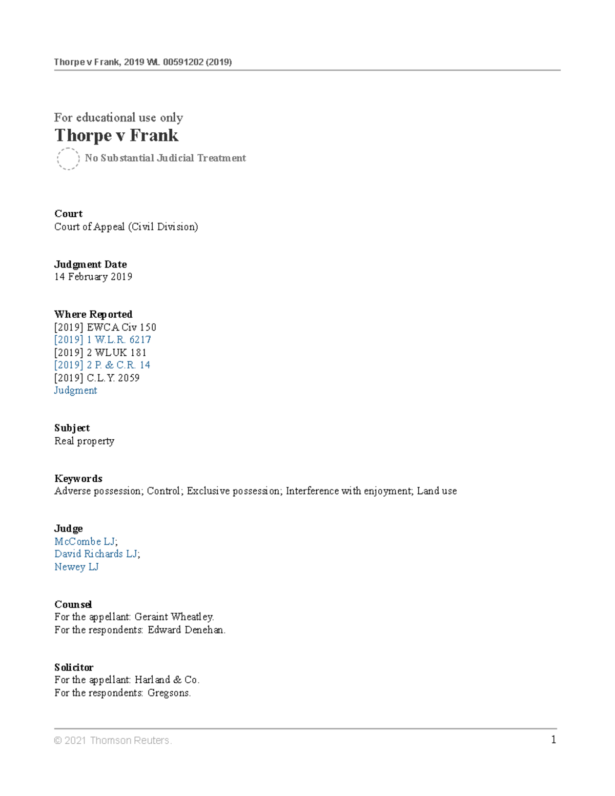 Thorpe v Frank summary - case law for land law - Thorpe v Frank, 2019 ...