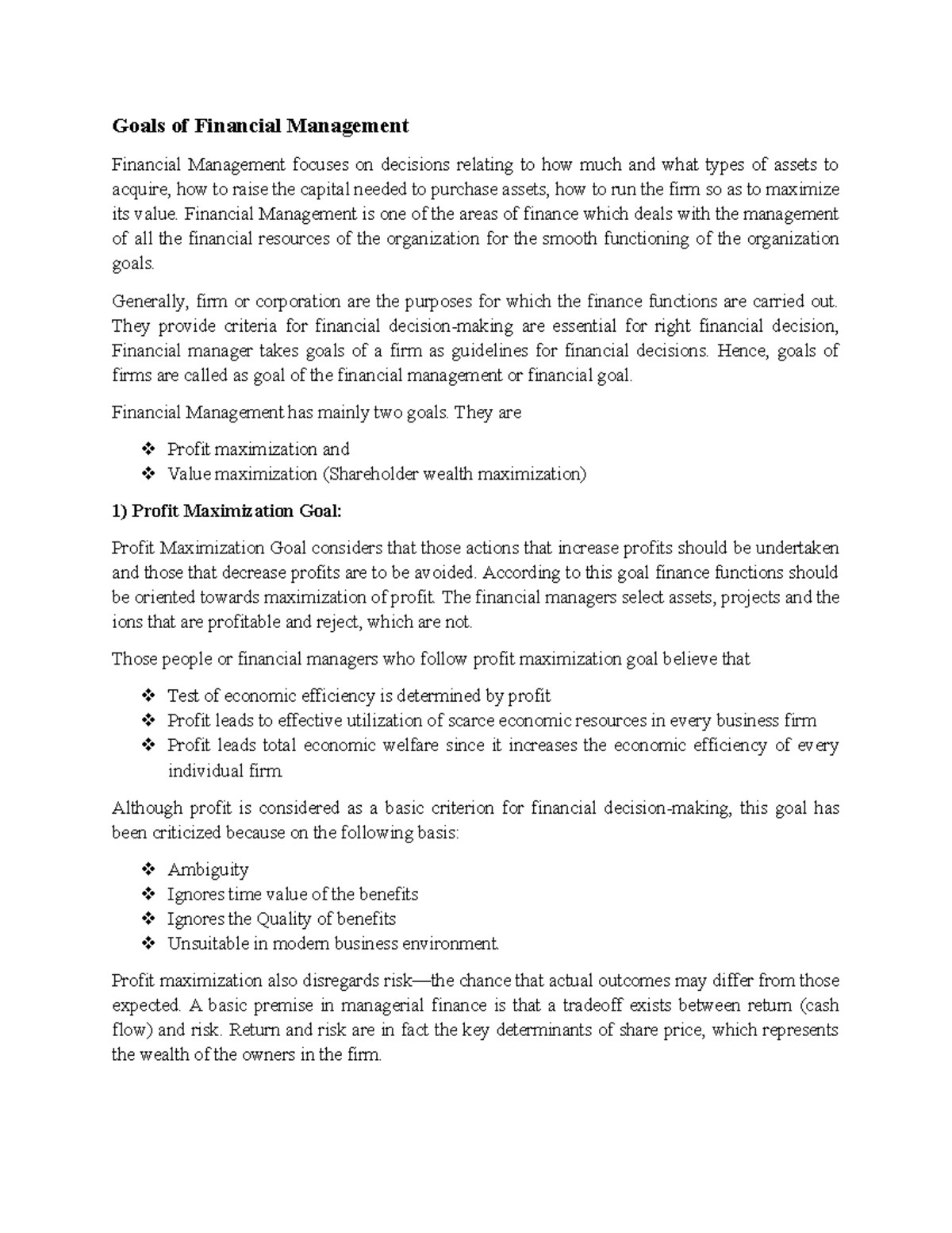 Goals of Financial Management Goals of Financial Management Financial