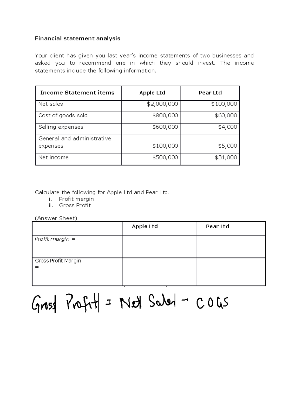 Financial Statement Analysis Final Exam Practice Question Solution ...