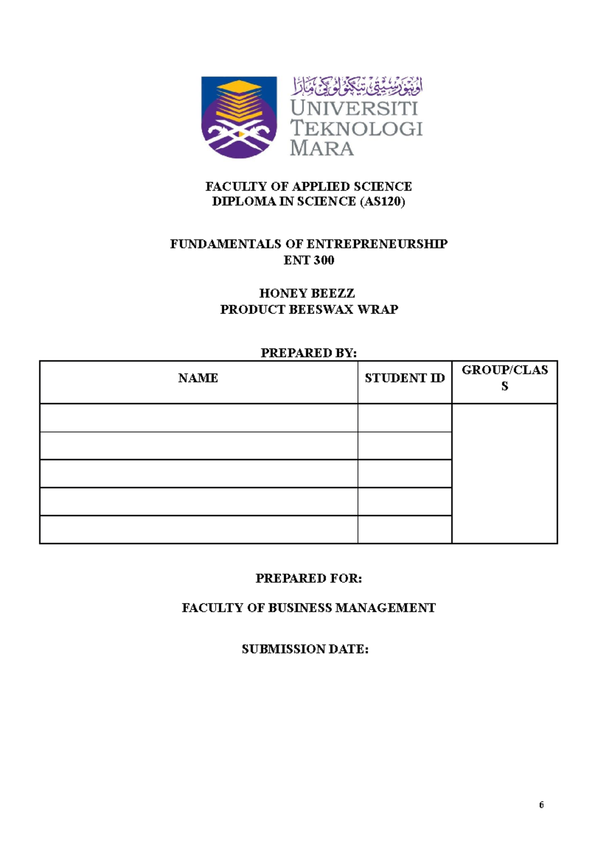 ENT300 Draft Business Plan - FACULTY OF APPLIED SCIENCE DIPLOMA IN ...