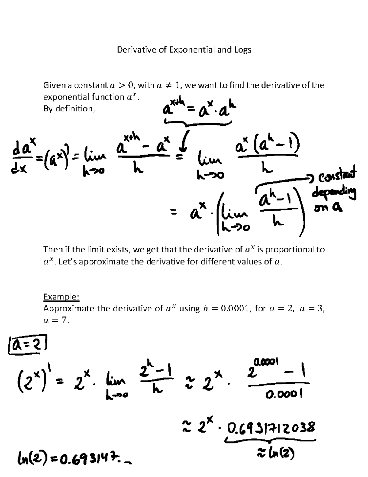 Derivative Of Exp And Logs (completed) - Derivative Of Exponential And ...