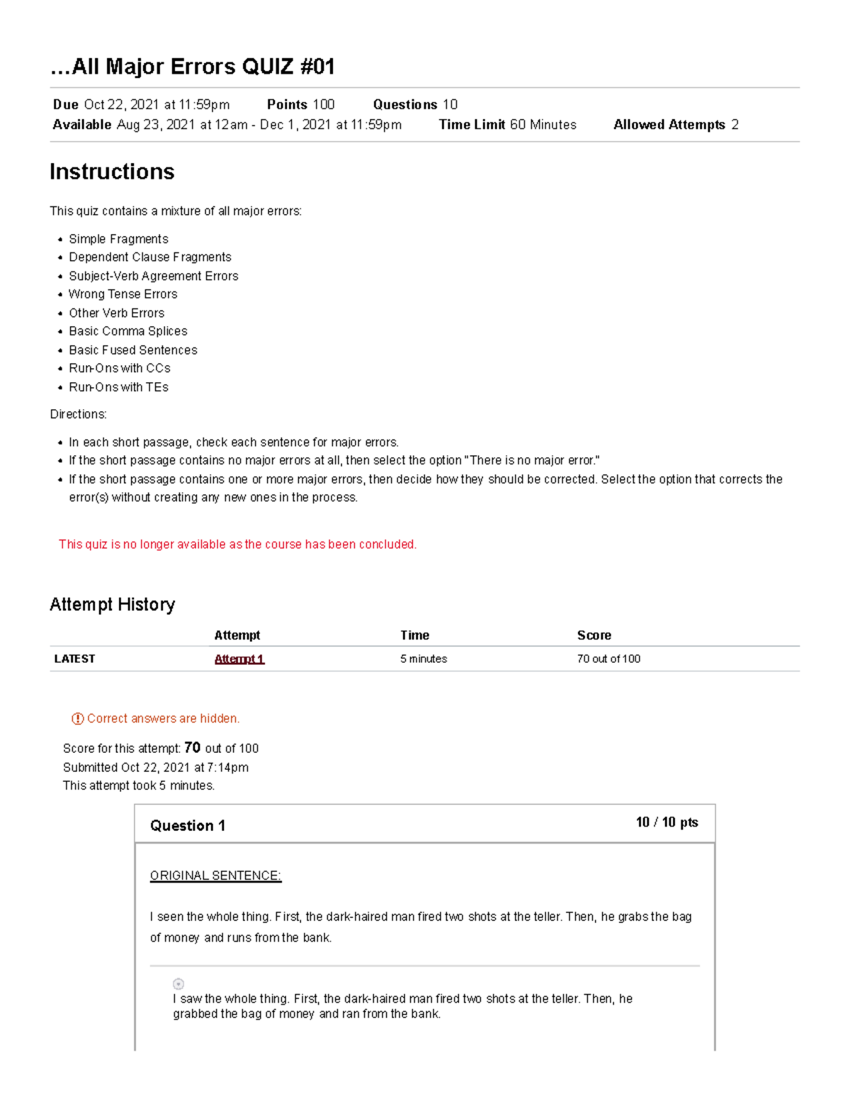 All Major Errors QUIZ .. Major Errors QUIZ Due Oct 22, 2021 at 11