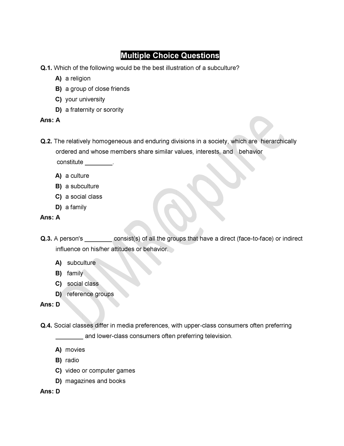 MCQs-Consumer-Behavior - Multiple Choice Questions Q. Which Of The ...