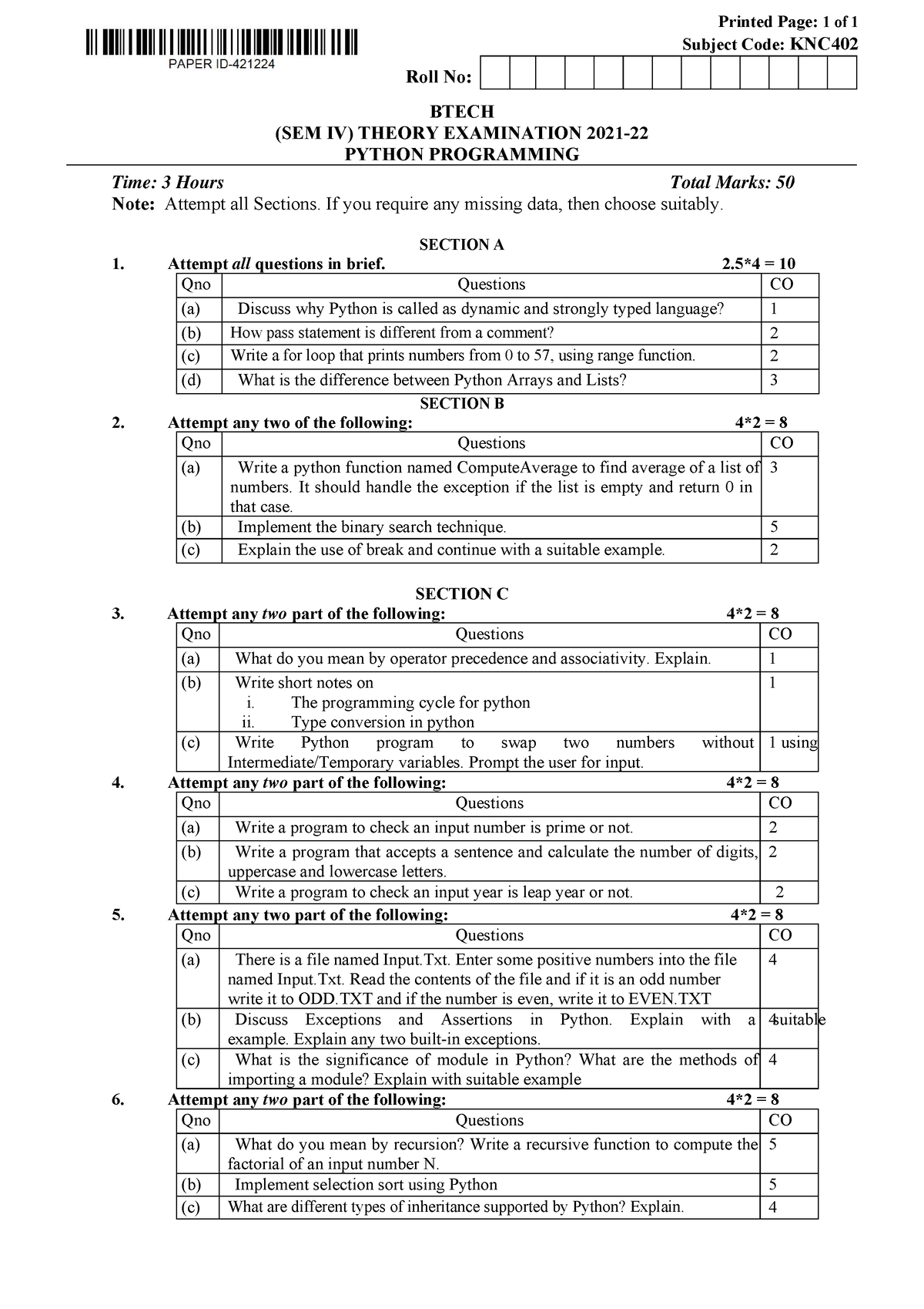 Btech nc 4 sem python programming knc402 2022 - Printed Page: 1 of 1 ...