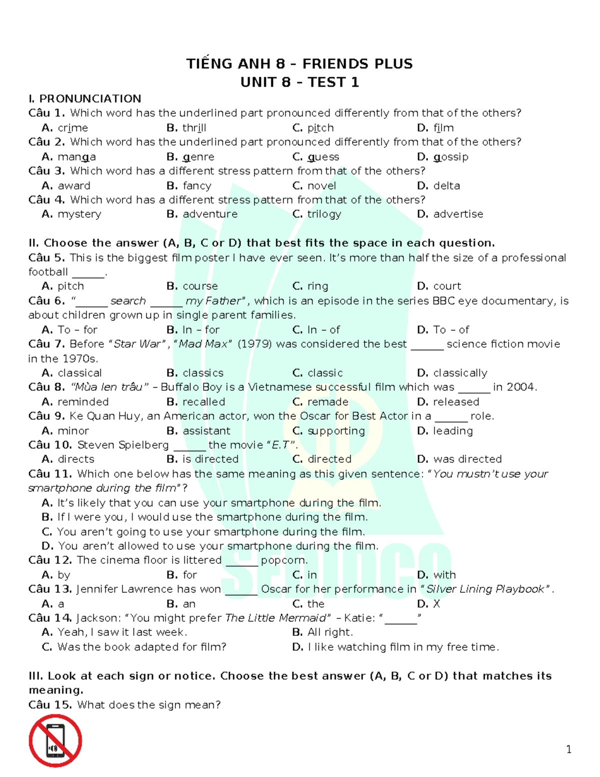 Tieng Anh 8 Friends Plus Unit 8 Test 1 TIẾNG ANH 8 FRIENDS PLUS