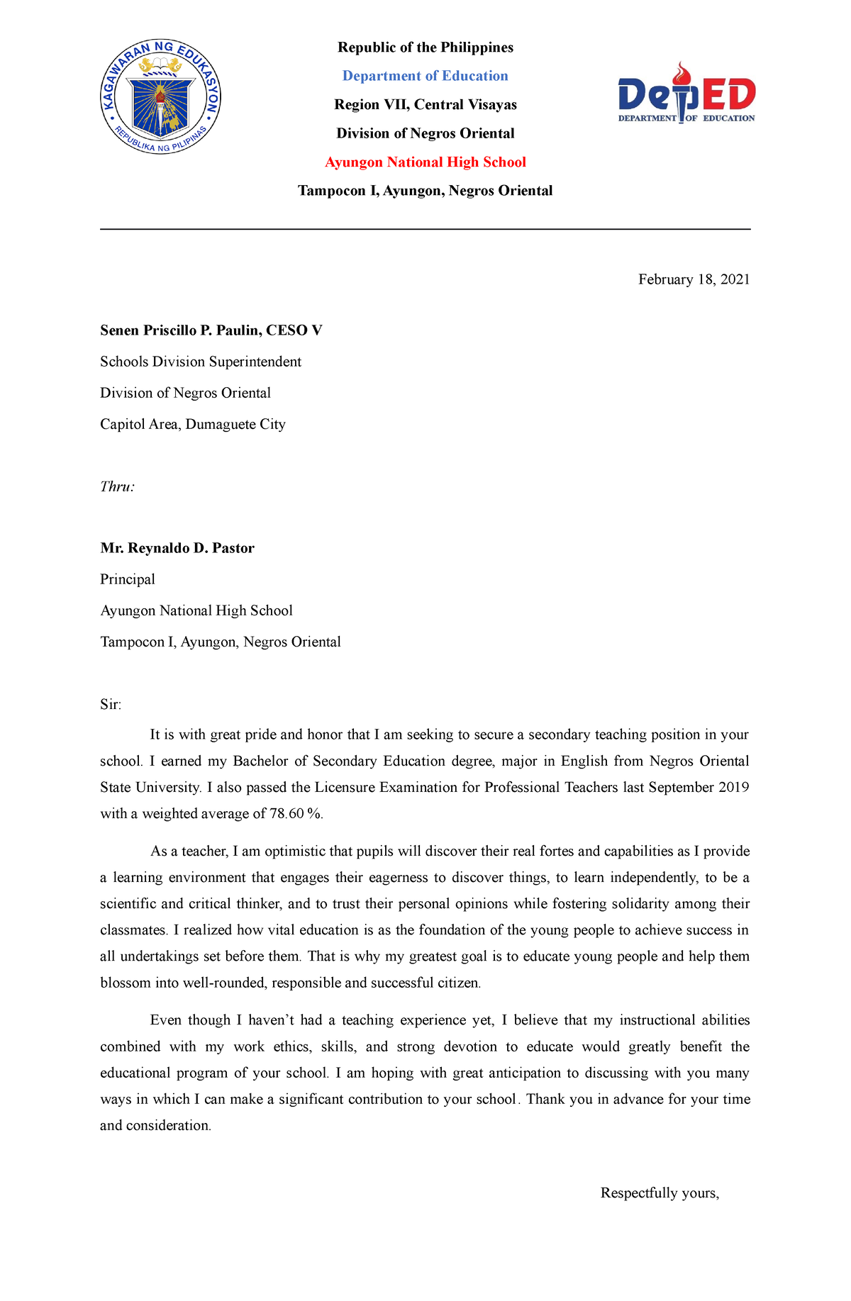 sample application letter for teacher in public school (deped)