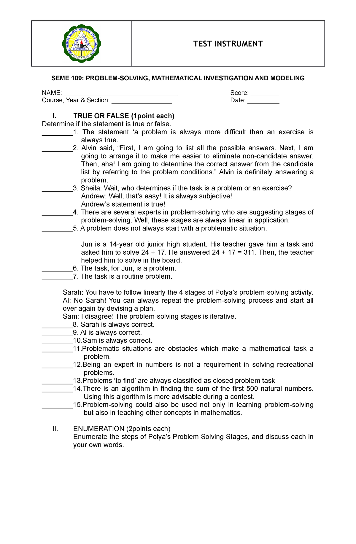 laboratory problem solving quiz