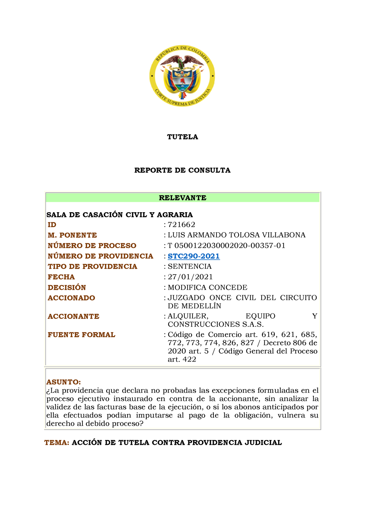 STC290-2021 Factura Cambiaria - TUTELA REPORTE DE CONSULTA RELEVANTE ...