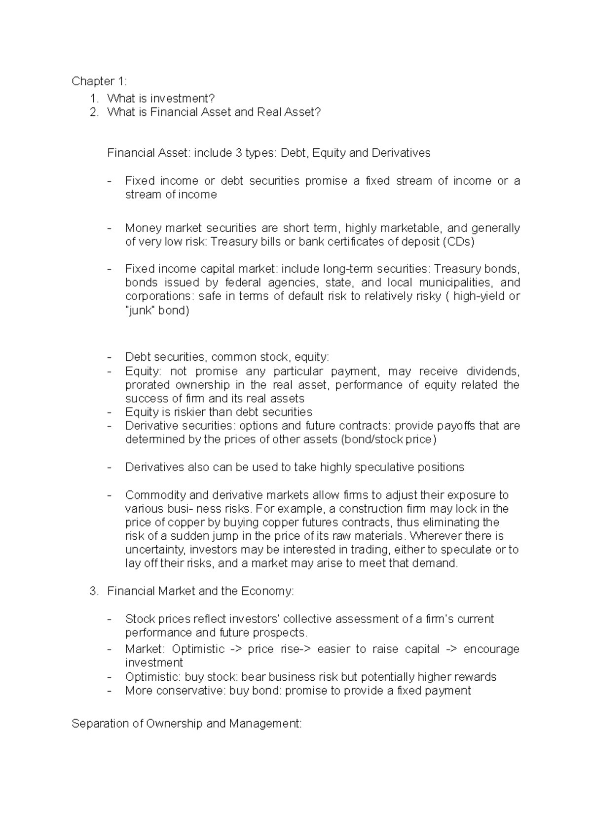 Textbook notes - Investment - Chapter 1: What is investment? What is ...