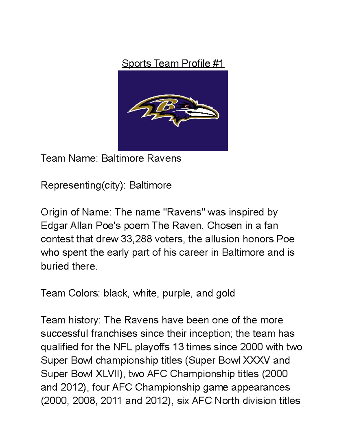  Sports Team Profile 1 Sports Team Profile Team Name Baltimore Ravens Representing(city