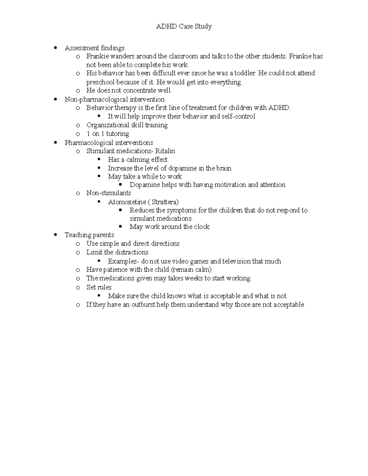 ADHD case study ADHD Case Study Assessment findings o Frankie wanders