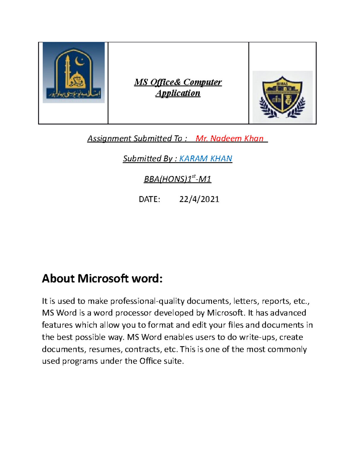 MS Office 3 Karam - nice - MS Office& Computer Application Assignment ...