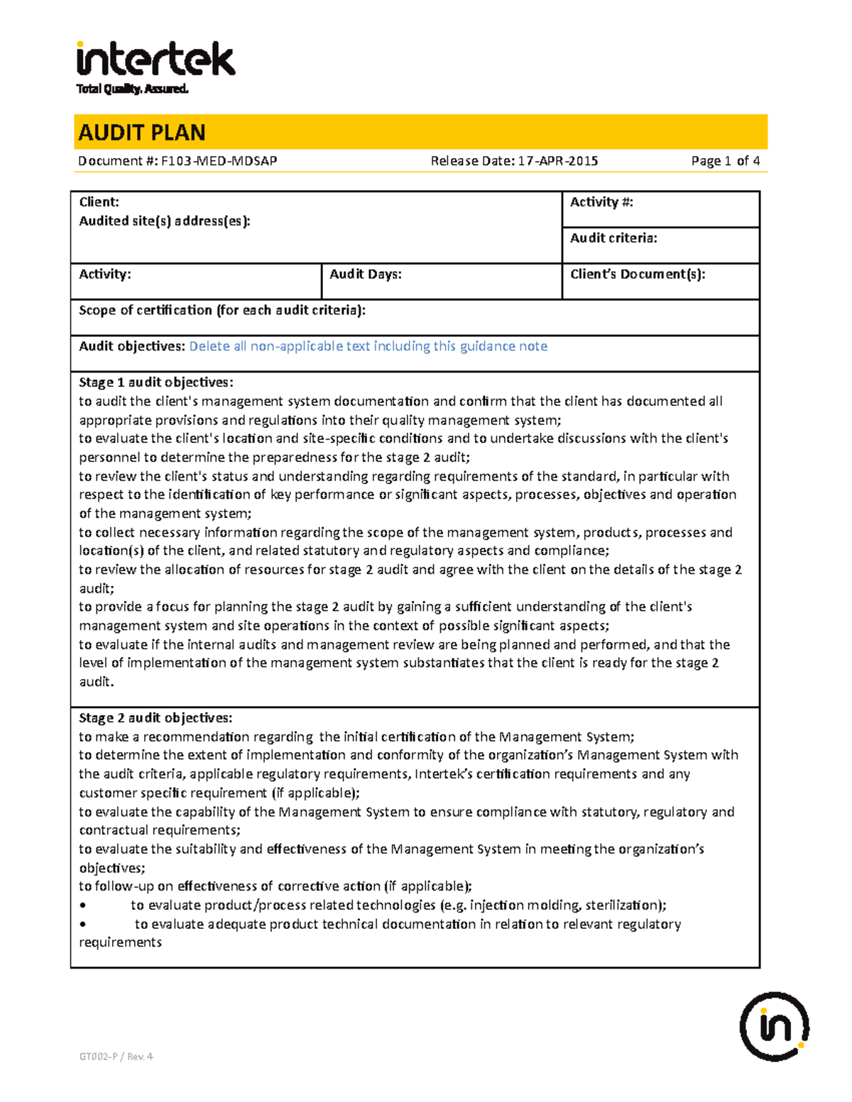 -MEDical- Mdsap Audit Plan para auditor - Document #: F103-MED-MDSAP ...