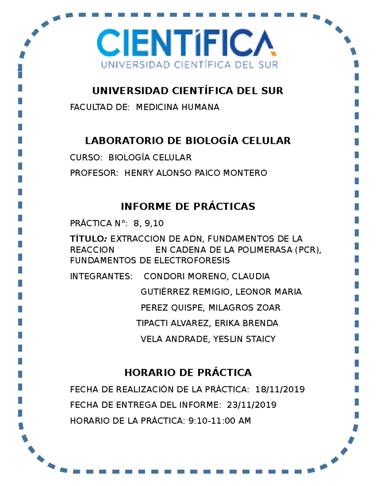 Informe BIO 4 (2) Urgente - UNIVERSIDAD CIENTÍFICA DEL SUR FACULTAD DE ...