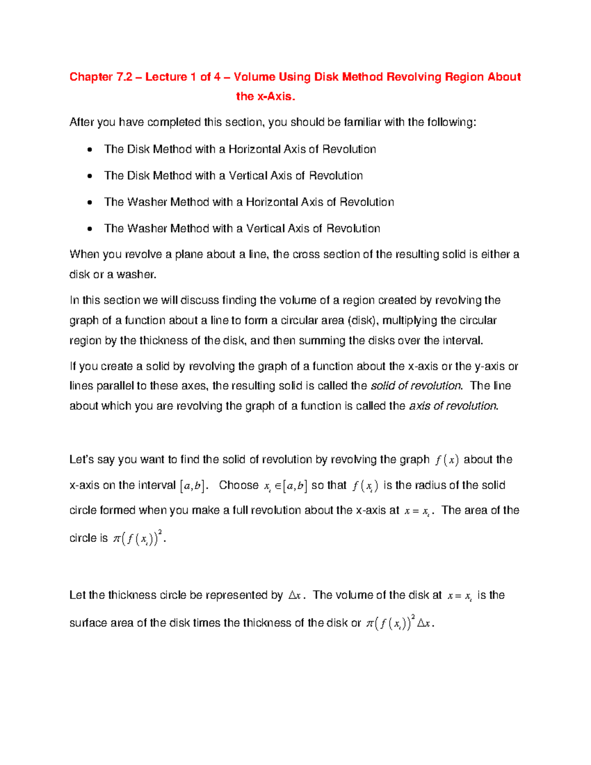 Chapter 7.2 Lecture 1 of 4 Volume Using Disk Method Revolving Region ...
