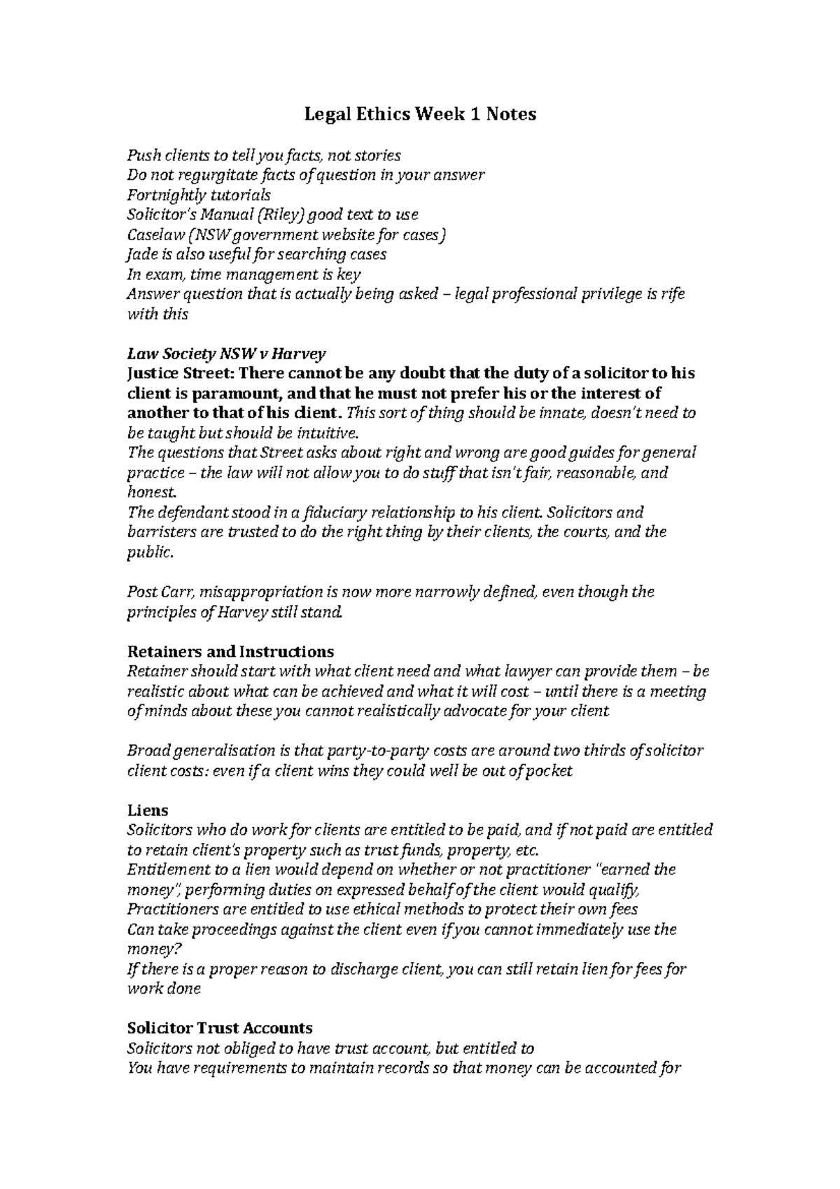 Legal Ethics 202223 notes Legal Ethics Week 1 Notes Push clients to