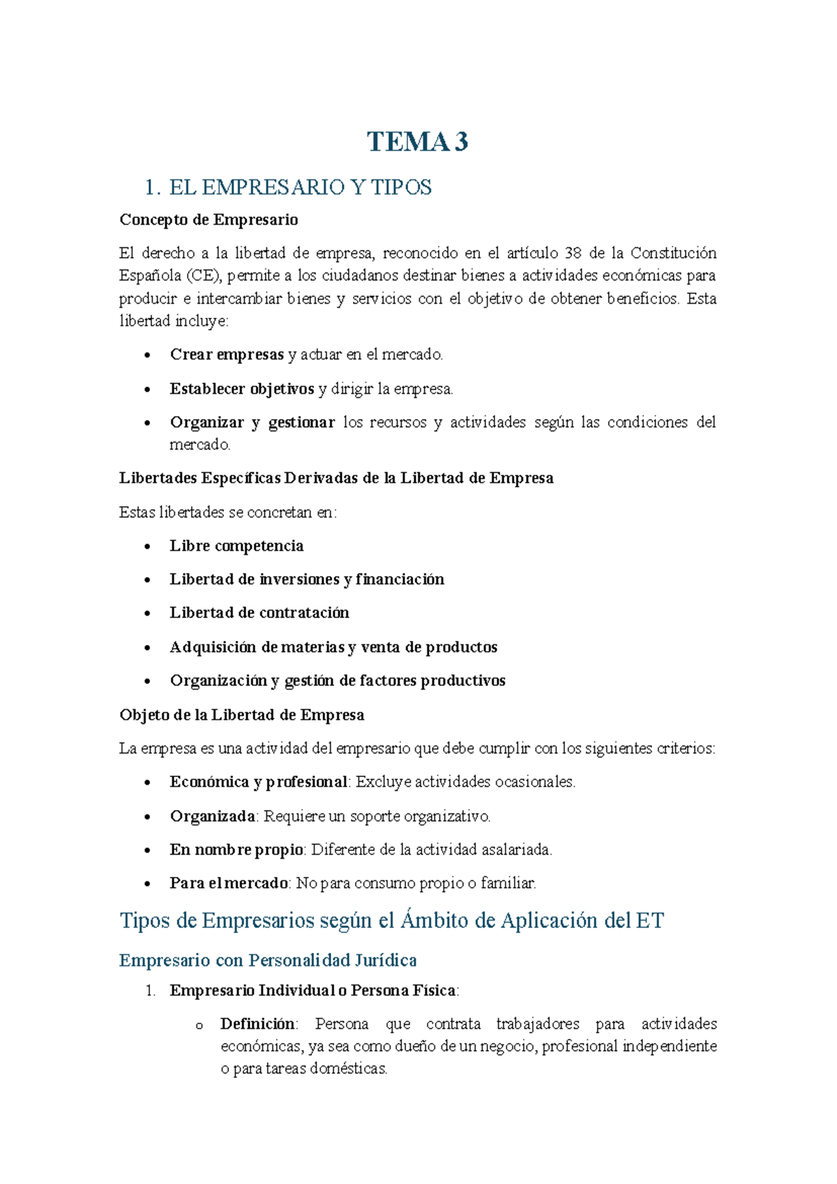 Esquema TEMA 3 EL EMPRESARIO - TEMA 3 1. EL EMPRESARIO Y TIPOS Concepto ...
