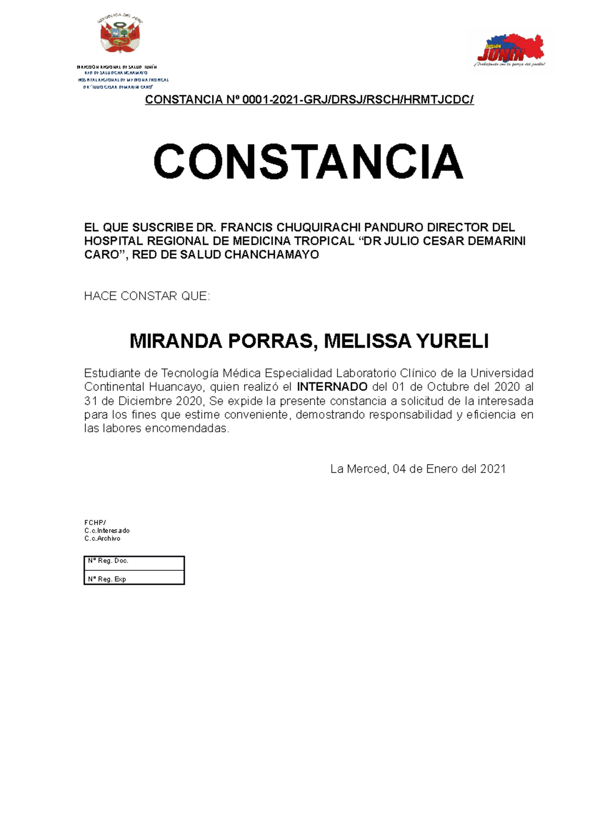 Modelo DE Constancia - para trabajadores - CONSTANCIA Nº 0001-2021-GRJ 