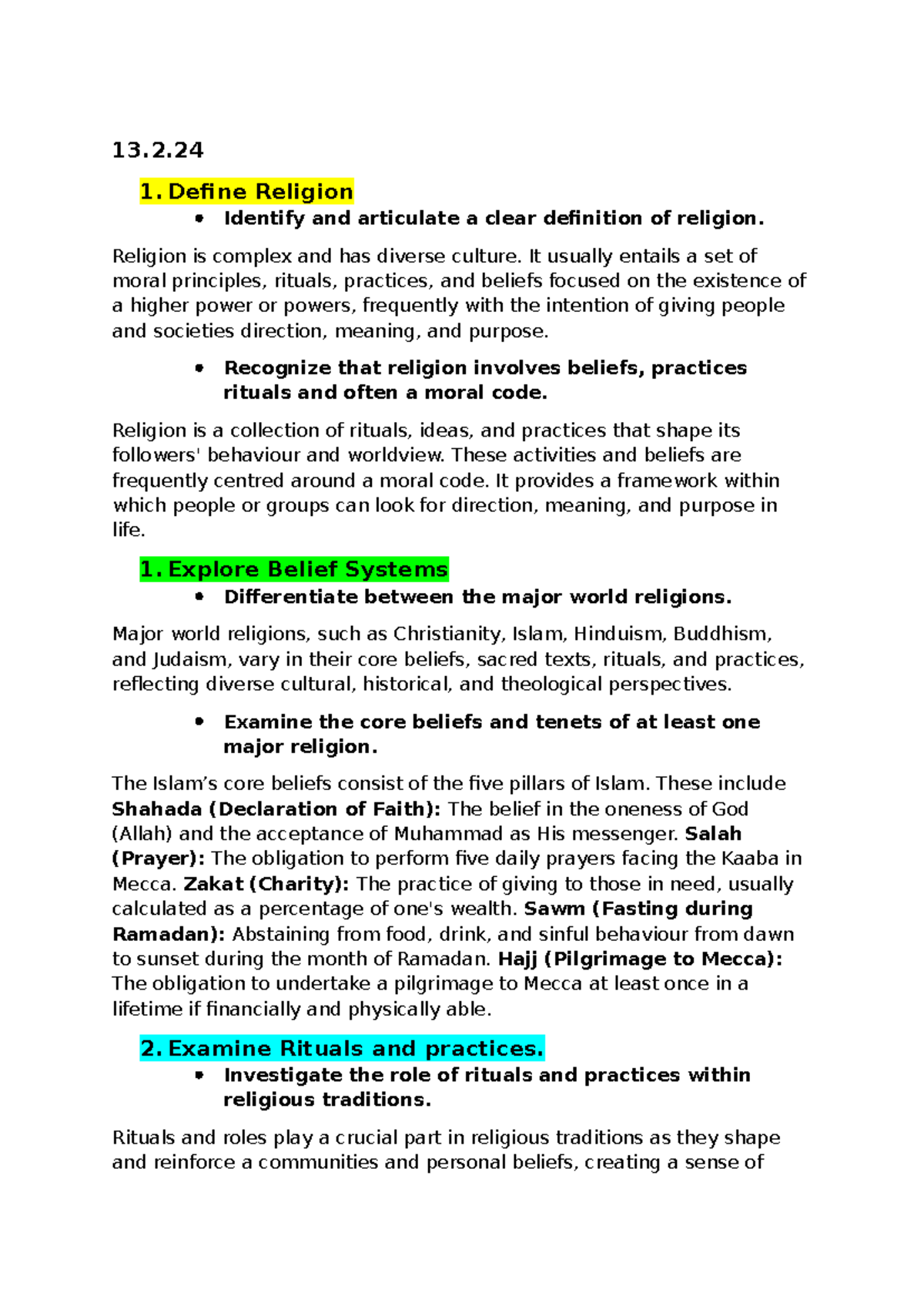 Define Religion - notes - 13. 1. Define Religion Identify and ...