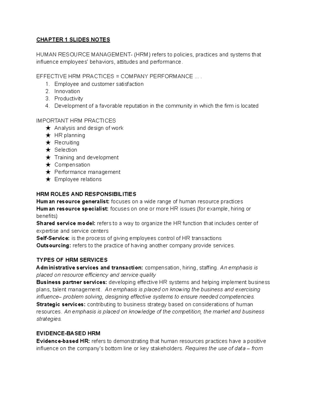 MIE 330 Study Guide for Chapter 1 Notes Introduction to Human Resource ...