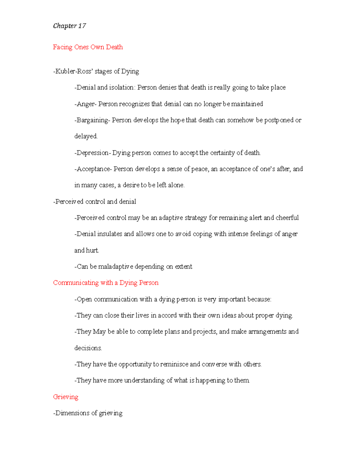 DP ch 17 - Lecture notes Chapter 17 - Chapter 17 Facing Ones Own Death ...