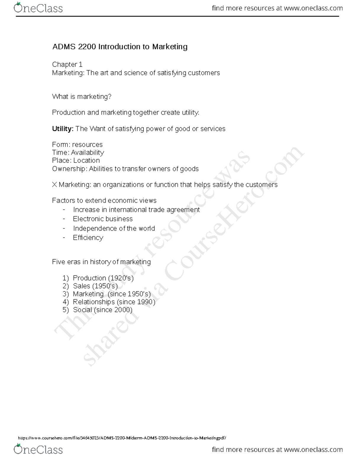 Adms2200 知识点 - lecture note - ADMS 2200 Introduction to Marketing ...