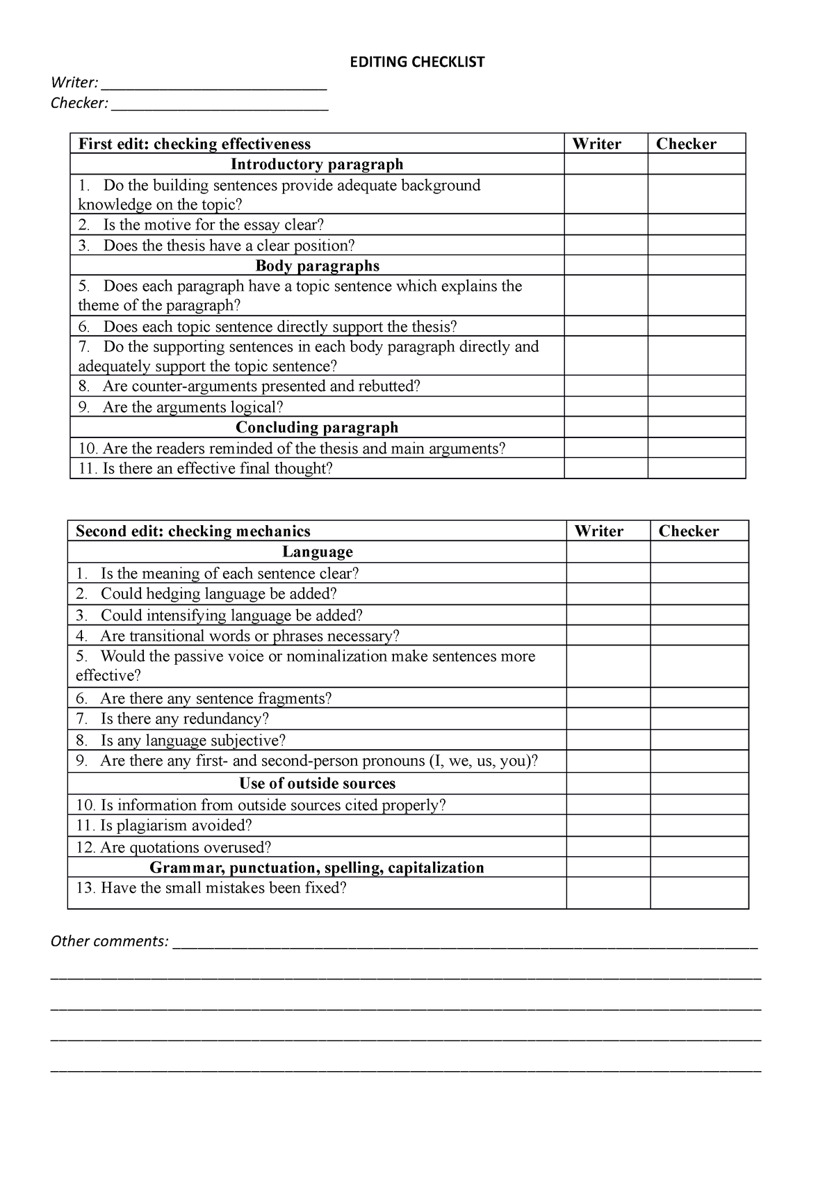 Editing Checklist - Editing Checklist Writer 