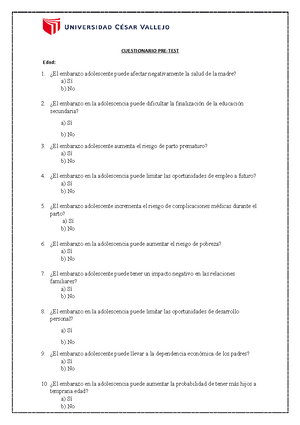 PRE Y POS TES Embarazo Adolescente CUESTIONARIO PRE TEST Edad El embarazo adolescente puede Studocu