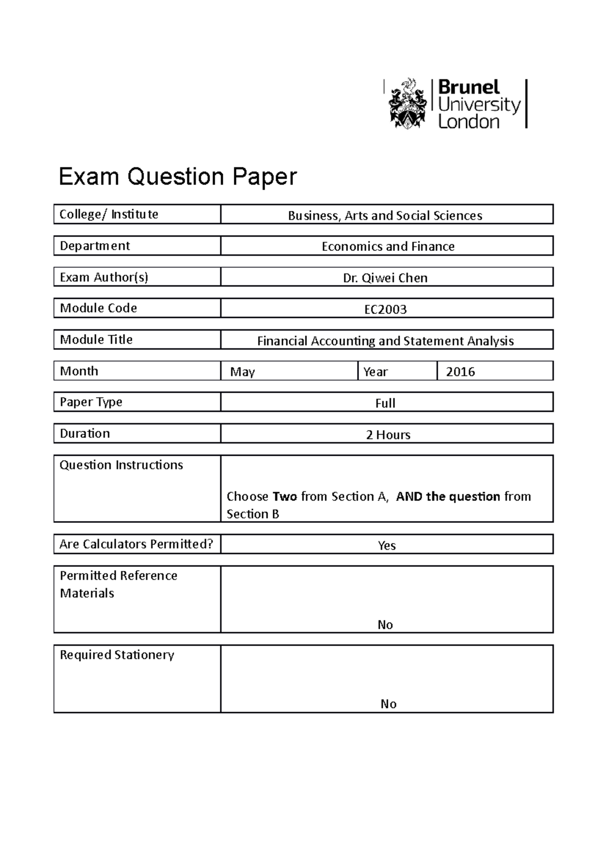 Exam May 2016, questions - Exam Question Paper College/ Institute ...