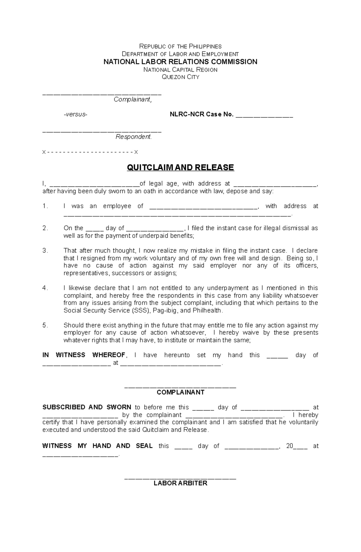 F0027 NLRC Quitclaim Release Form REPUBLIC OF THE PHILIPPINES