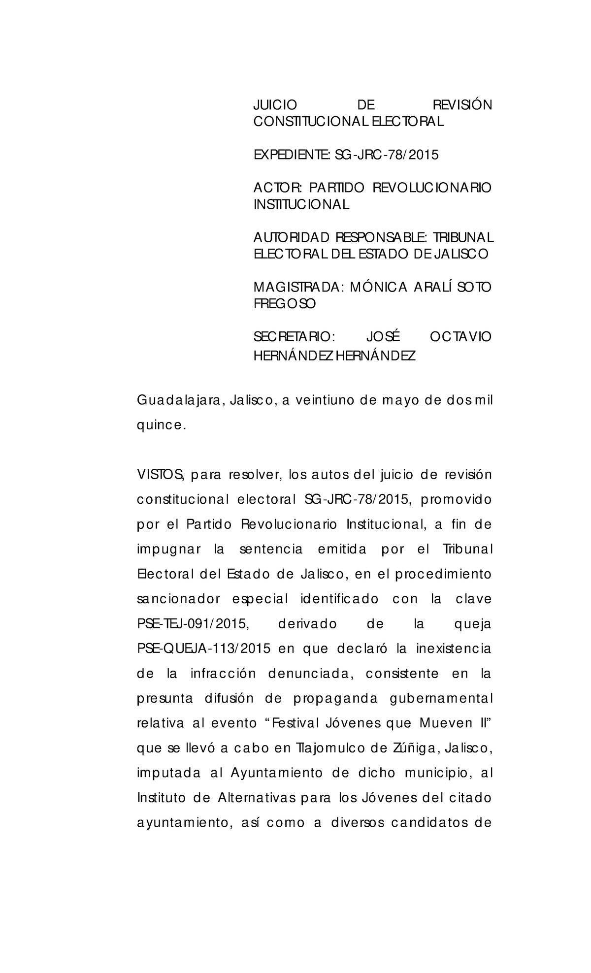 SG JRC 0078 2015 - Yjkk - JUICIO DE REVISIÓN CONSTITUCIONAL ELECTORAL ...