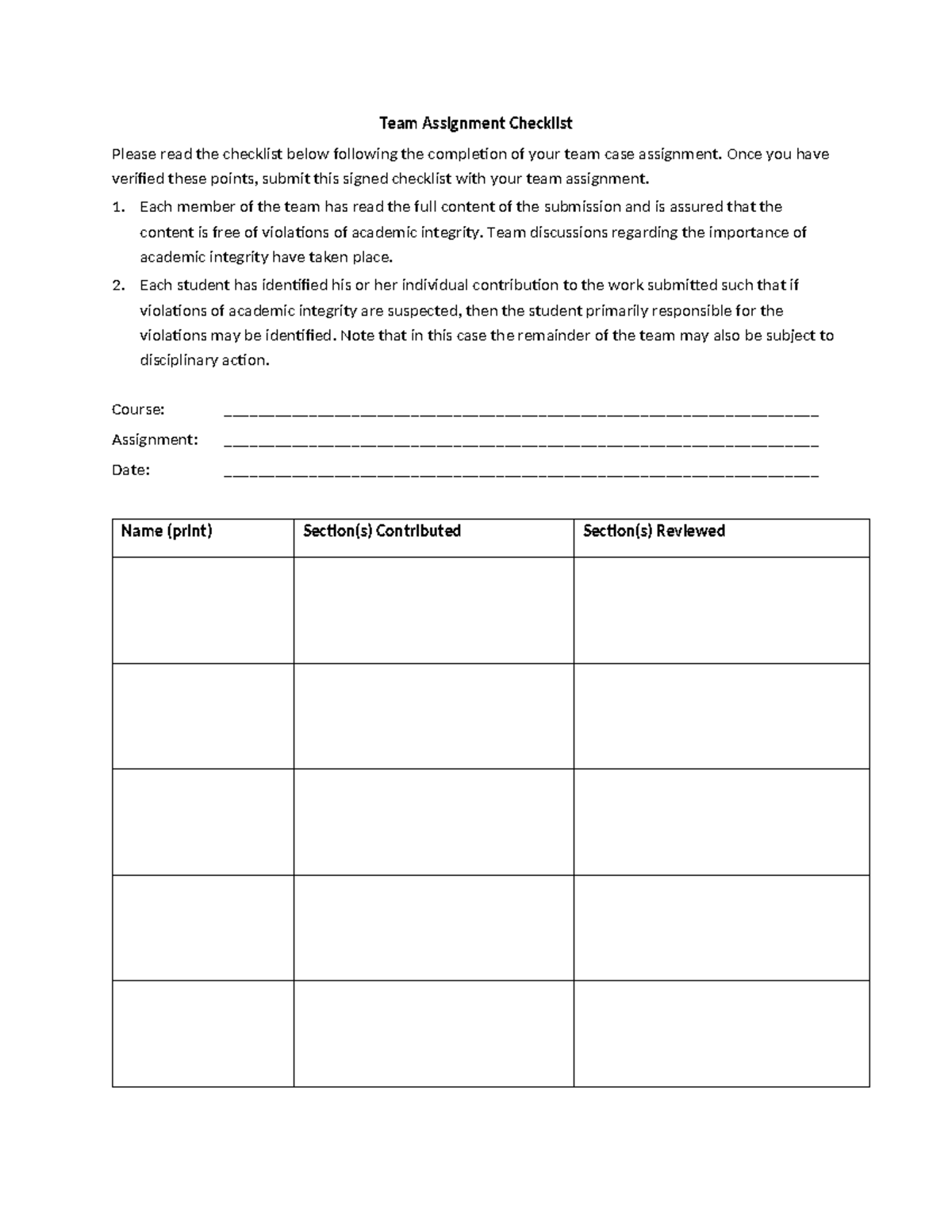 Team Assignment Checklist - Team Assignment Checklist Please read the ...