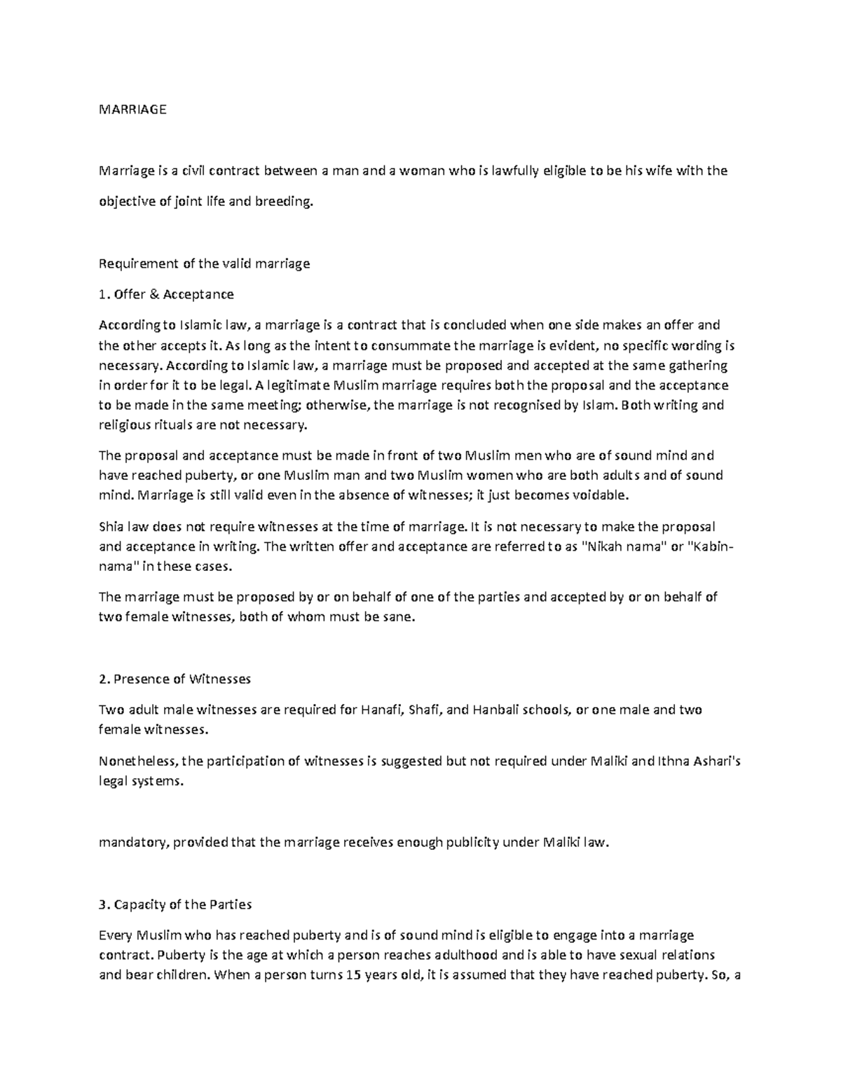 Marriage in muslim law - MARRIAGE Marriage is a civil contract between ...