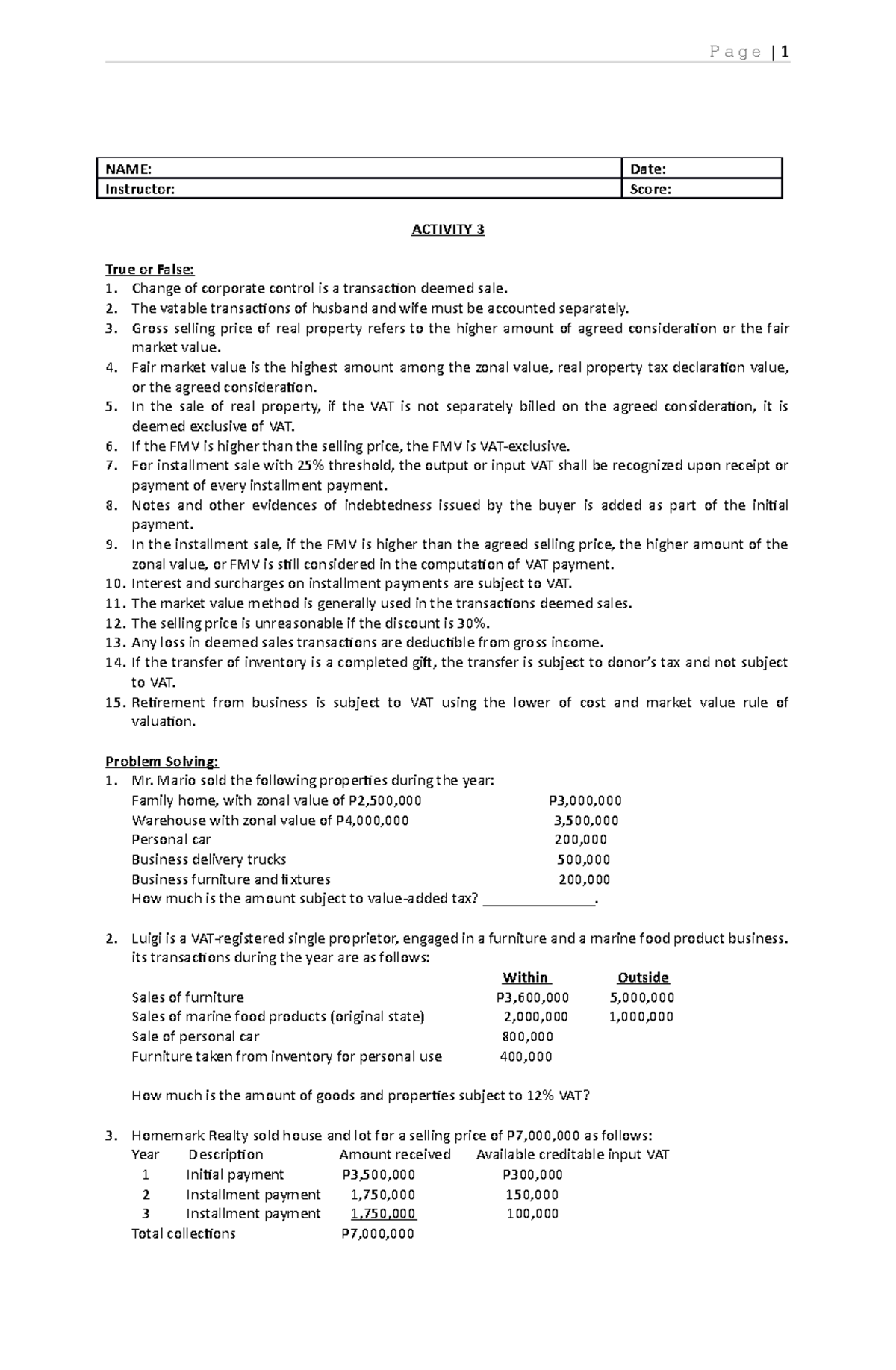 Topic 3 VAT ON SALE OF Goods AND Properties P a g e 1 NAME Date