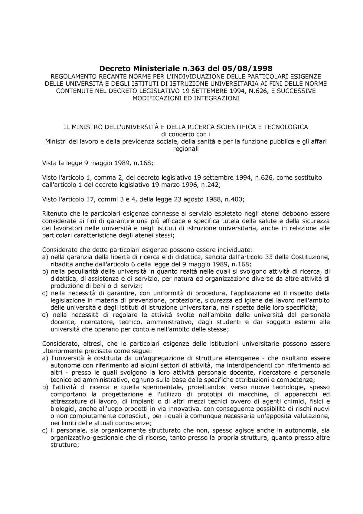 Decreto Ministeriale 363/98 - Decreto Ministeriale N Del 05/08 ...