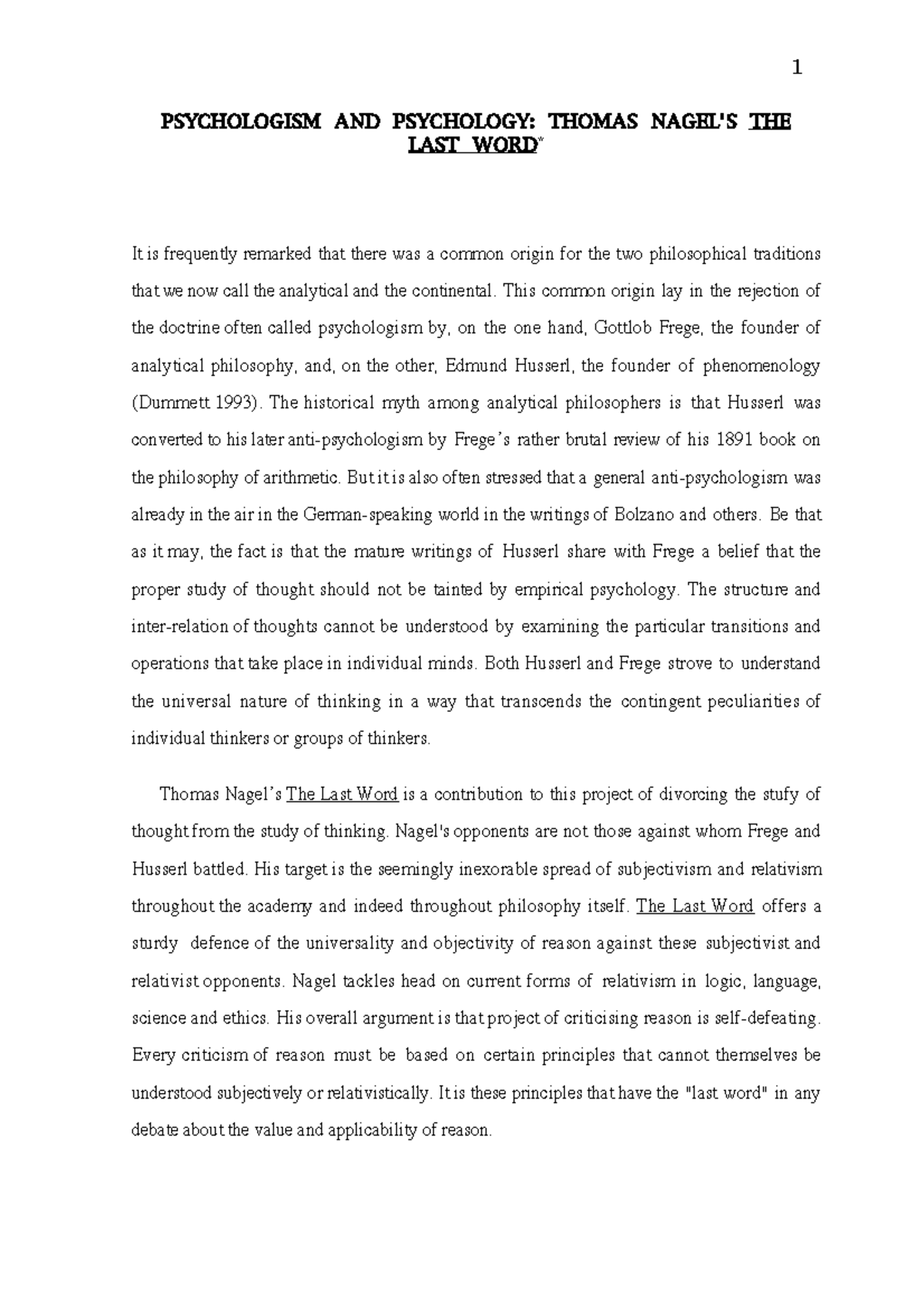 Nagel 04 PSYCHOLOGISM AND PSYCHOLOGY THOMAS NAGEL'S THE LAST WORD