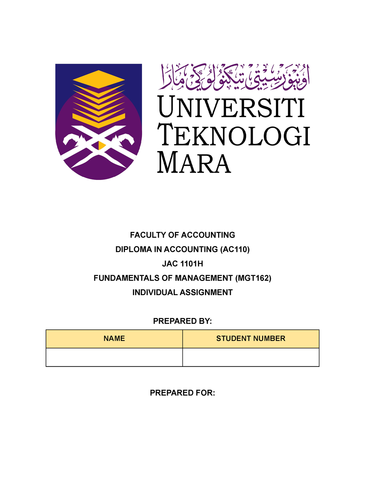 Indvidual Assignment MGT162 - FACULTY OF ACCOUNTING DIPLOMA IN ...