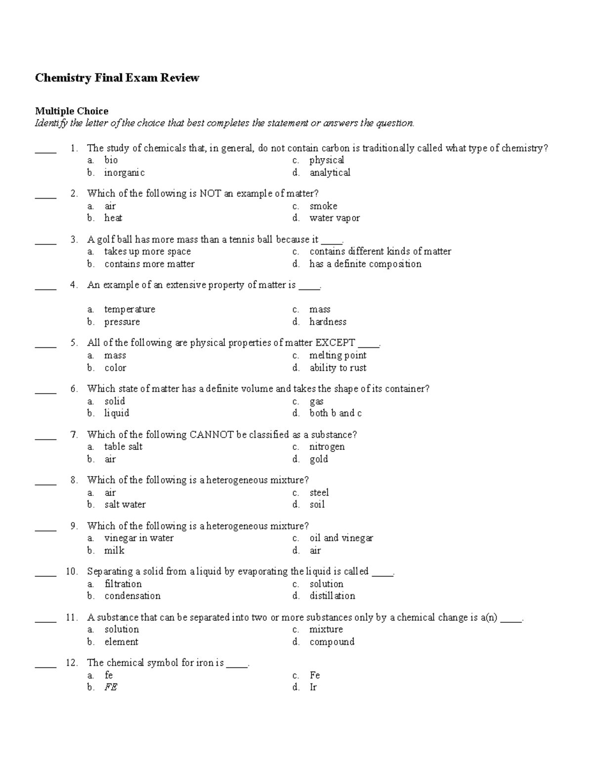 Chemistry 101 Final Exam Practice Test