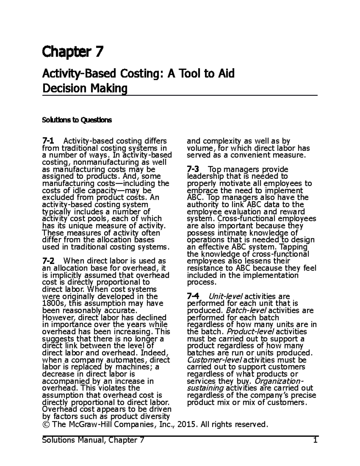 Activity Based Costing A Tool to Aid Dec - Chapter 7 Activity-Based ...