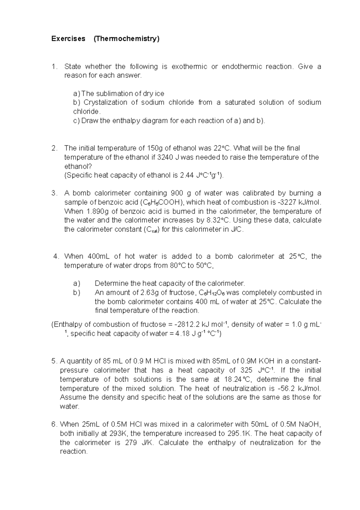 Exercise CHM432 (Thermochemistry) - Exercises (Thermochemistry) State ...