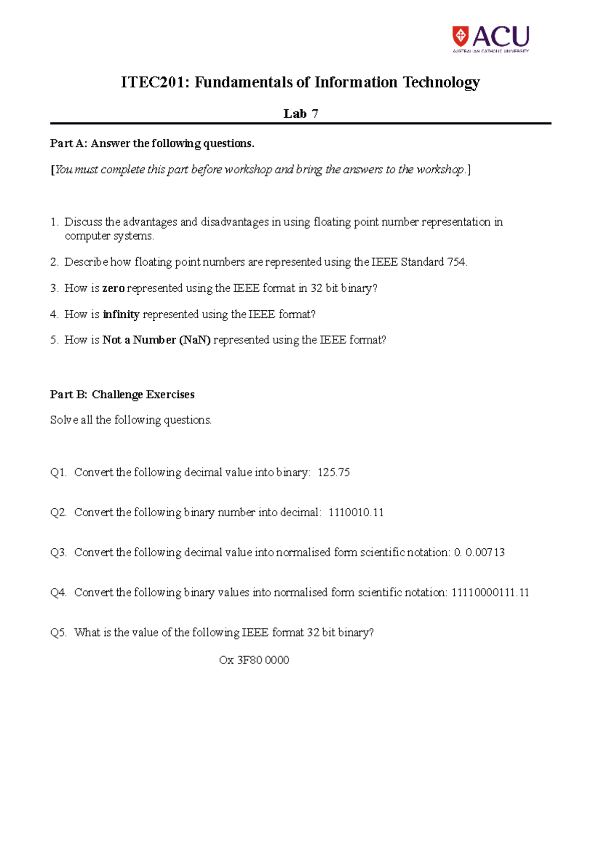 Lab 7 (W7) assessment - ITEC201: Fundamentals of Information Technology ...