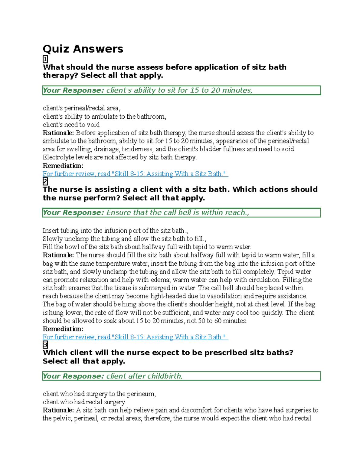 Sitz Bath Quiz prepU assignment quiz Quiz Answers 1 What should the