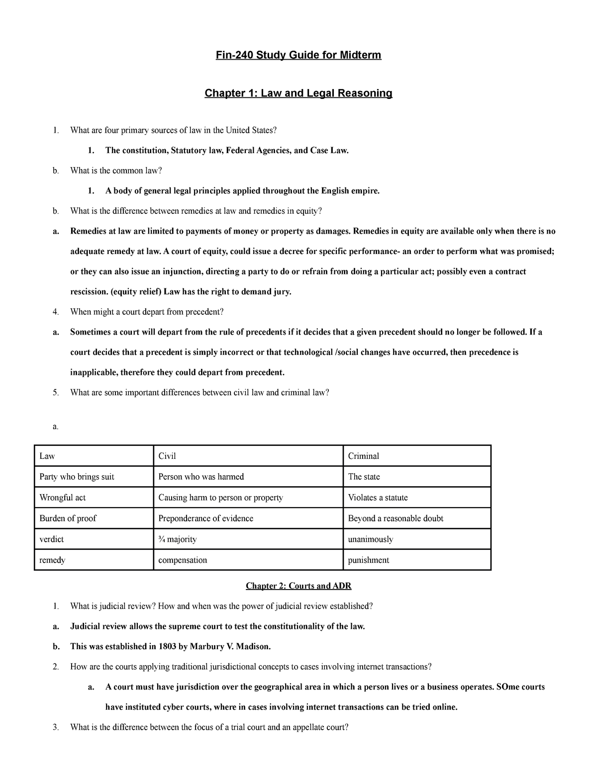 Study Guide CH1-13 - Fin-240 Study Guide For Midterm Chapter 1: Law And ...