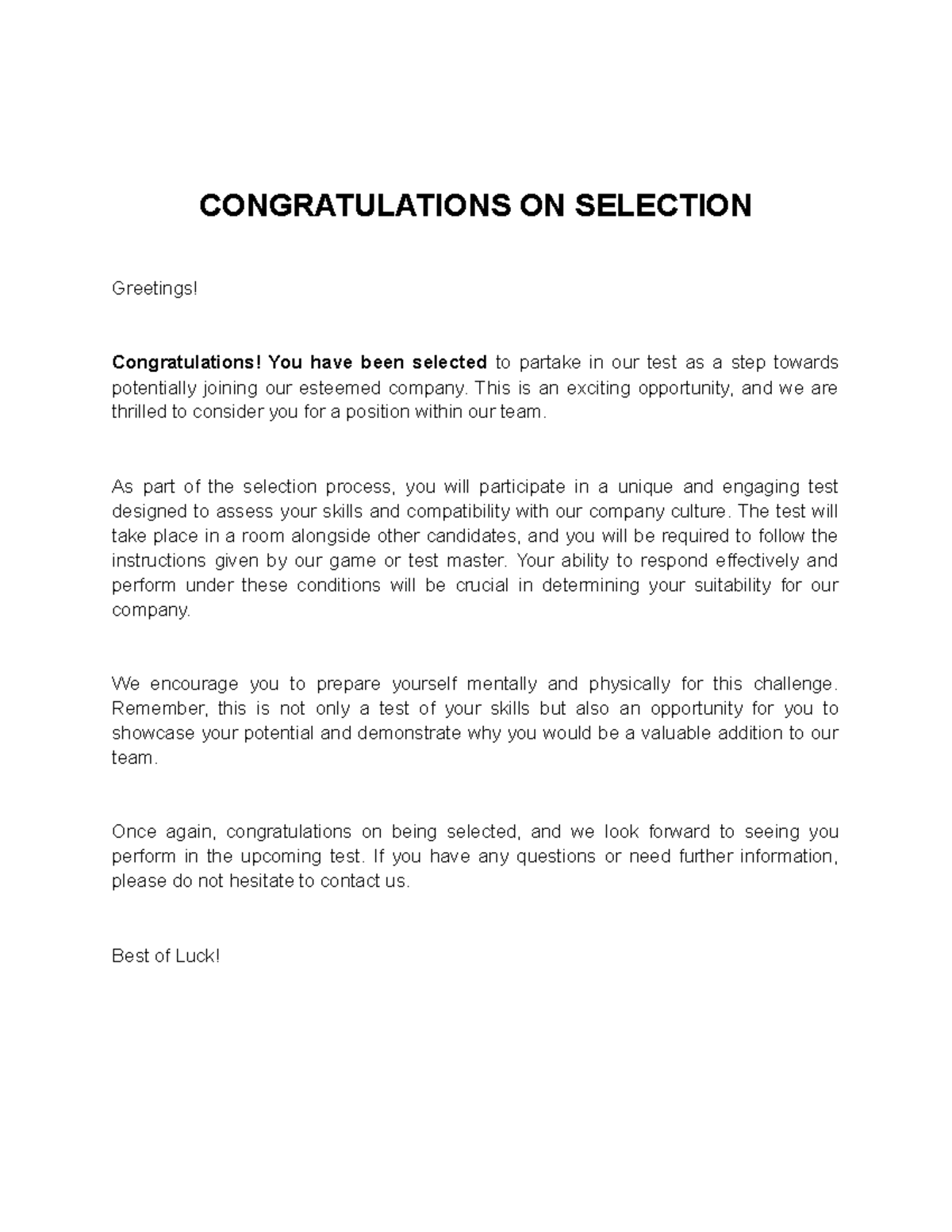 Congratulations ON Selection letter in the filmmaking on ...