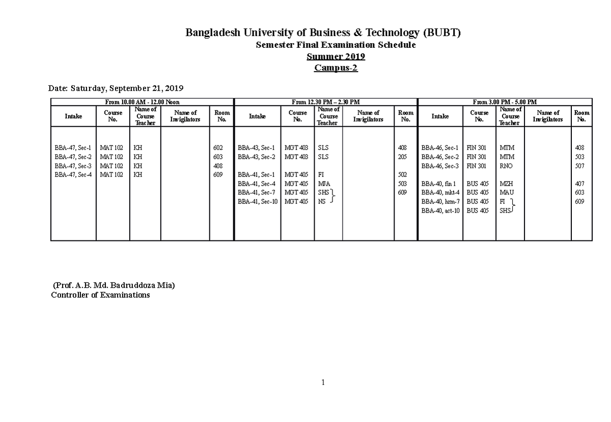 Semester Final Exam Schedule-Summer 2019 Campus-2-21 09 2019-Day