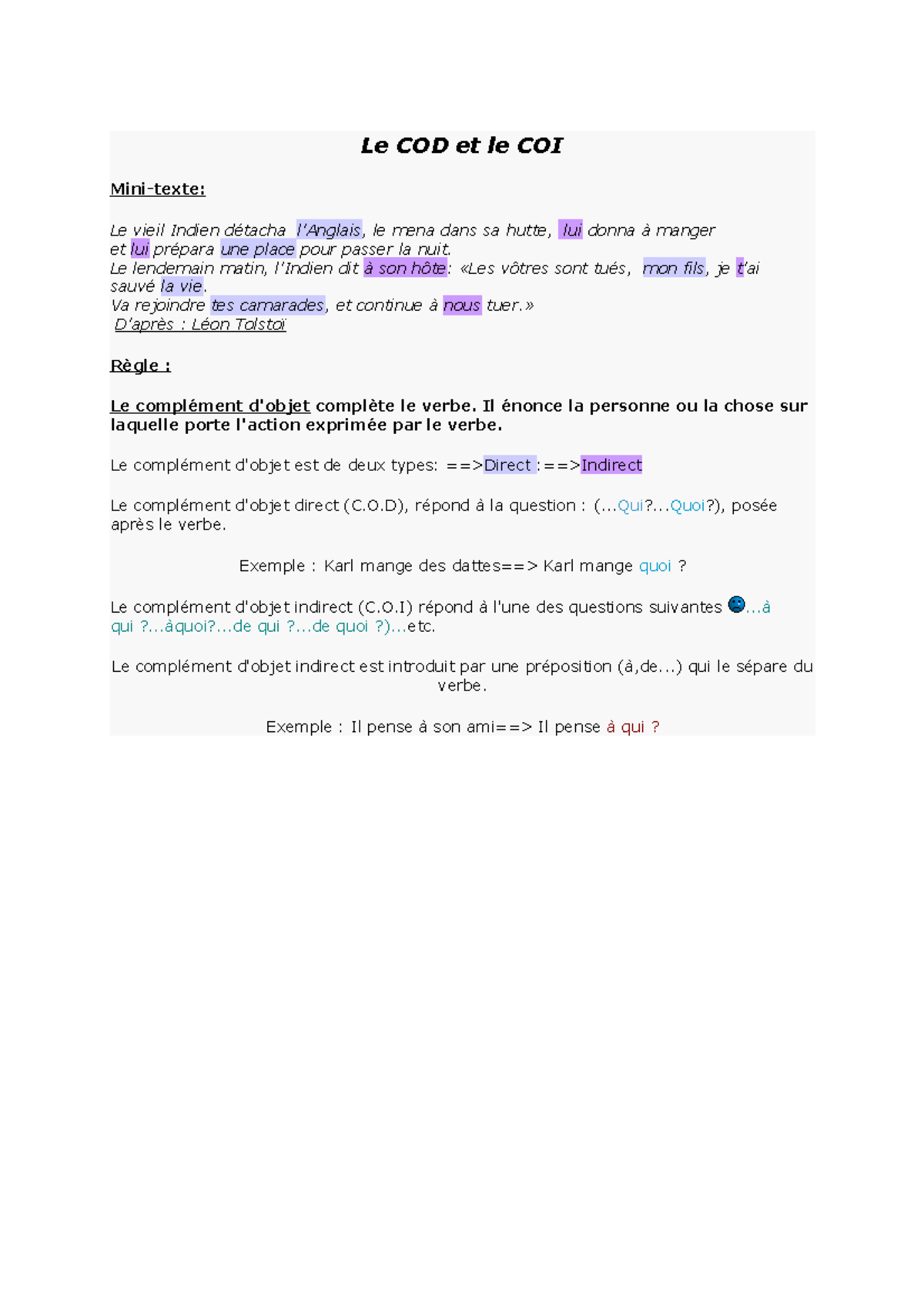 Le COD et le COI - COD & COI - Le COD et le COI Mini-texte: Le vieil ...